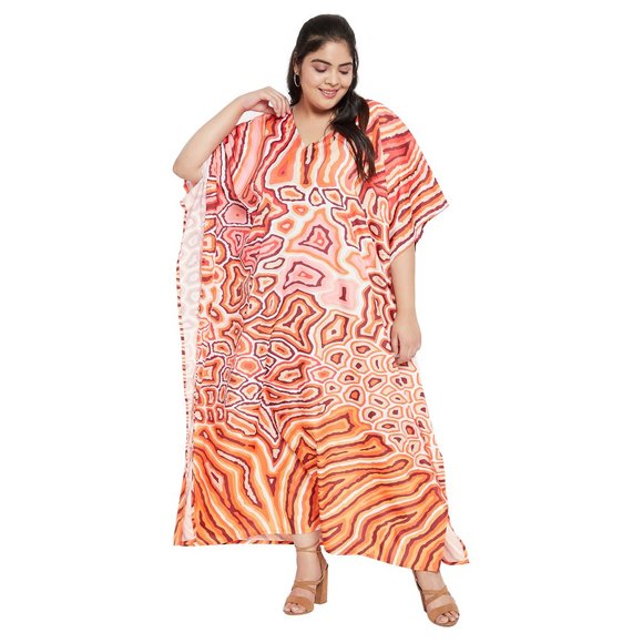 Gypsie Blu Women Polyester Orange Abstract Printed Caftan Dress Stylish Maxi - Picture 4 of 10